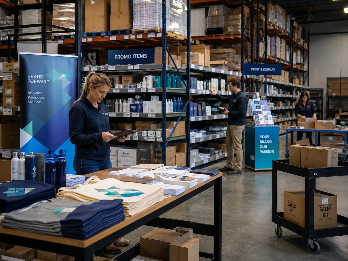 Branded merchandise and promotional stock in warehouse
