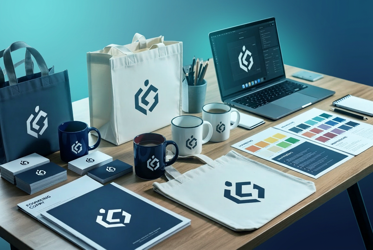 Branded merchandise, print and marketing materials on a desk